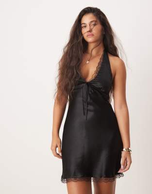 ASOS DESIGN satin lace trim plunge halter mini dress in black