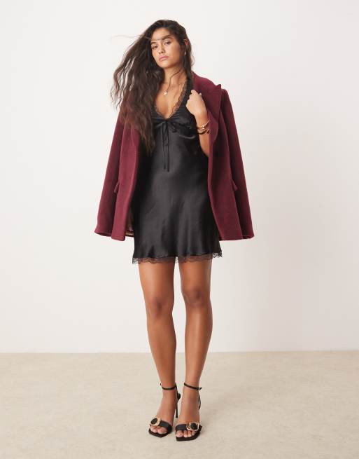ASOS DESIGN satin lace trim plunge halter mini dress in black, 3 of 4