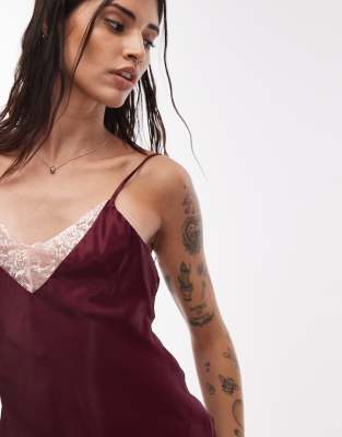 Asos Design Satin Lace Trim Plunge Maxi Dress In Burgundy
