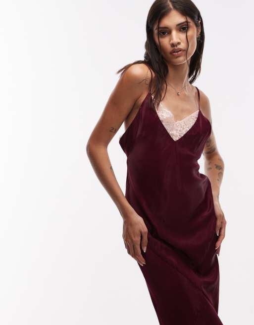ASOS DESIGN satin lace trim plunge maxi dress in plum, 3 of 4