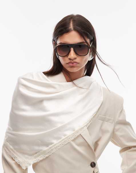 ASOS DESIGN satin lace trim scarf in ecru - view 1