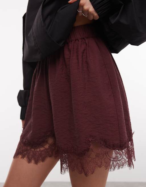 ASOS DESIGN satin lace trim short in chocolate - BROWN, 2 of 5