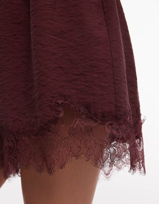 ASOS DESIGN satin lace trim short in chocolate - BROWN, 4 of 5