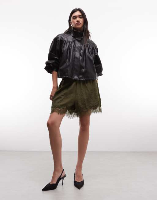 ASOS DESIGN satin lace trim short in khaki, 2 of 5