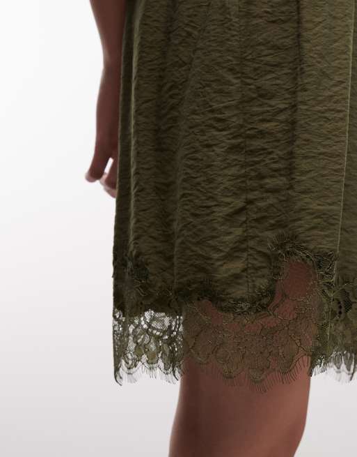 ASOS DESIGN satin lace trim shorts in khaki, 5 of 5
