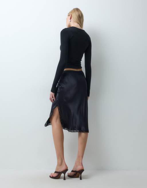 ASOS DESIGN satin lace trim split hem midi skirt, 2 of 5
