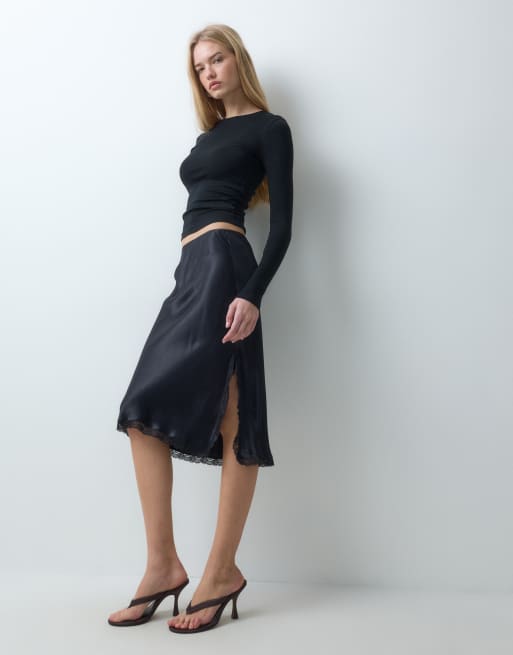ASOS DESIGN satin lace trim split hem midi skirt, 3 of 5