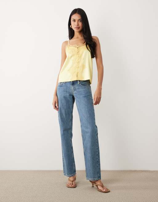 ASOS DESIGN satin lace trim tie cami top in butter yellow, 2 of 4