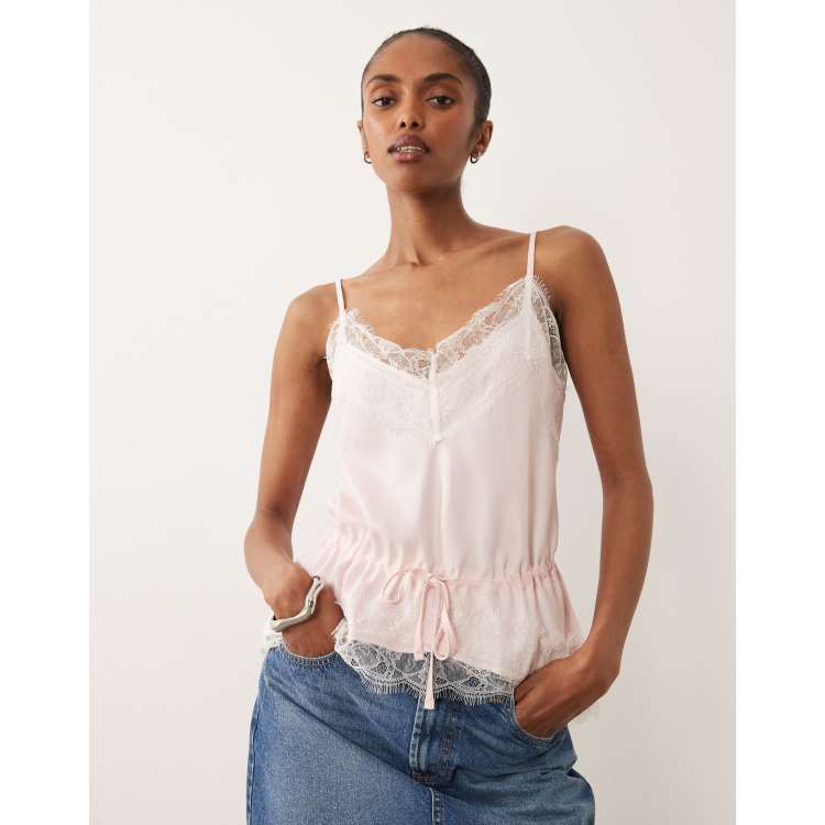 ASOS DESIGN satin lace trim tie waist cami top in pink | ASOS