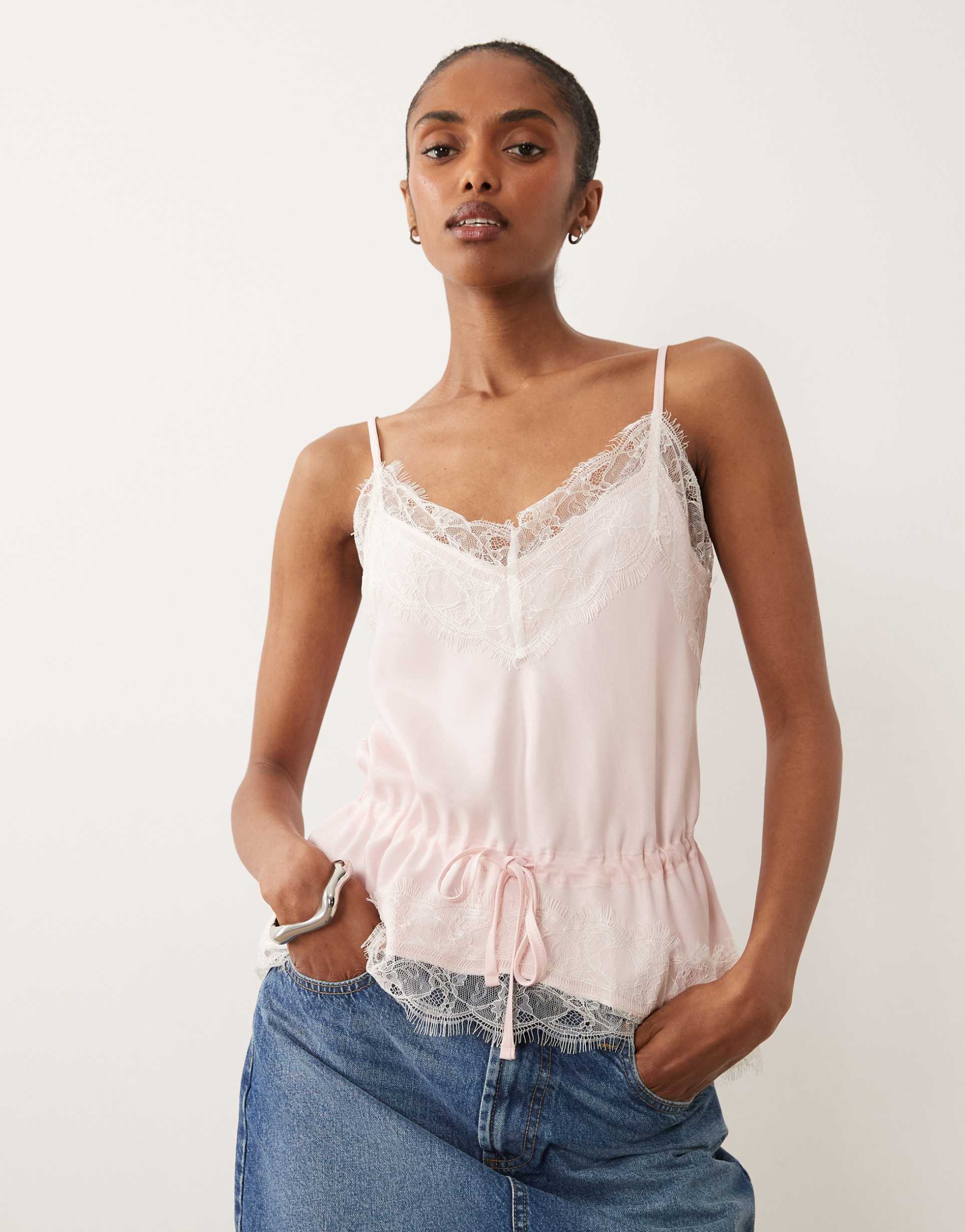 asos design satin lace trim tie waist cami top in pink
