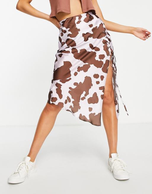 Cow Print Satin Midi Skirt