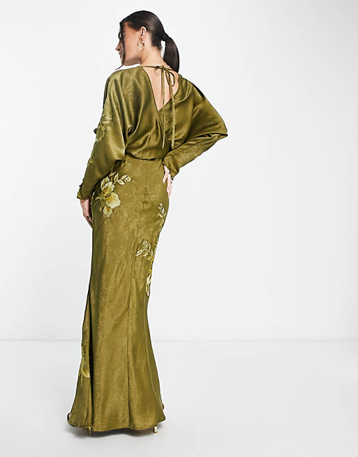 ASOS DESIGN satin large floral embroidery long sleeve maxi dress in olive  green | ASOS