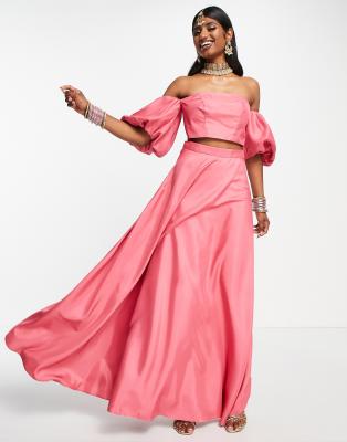 ASOS DESIGN satin lehenga skirt co-ord in bright pink