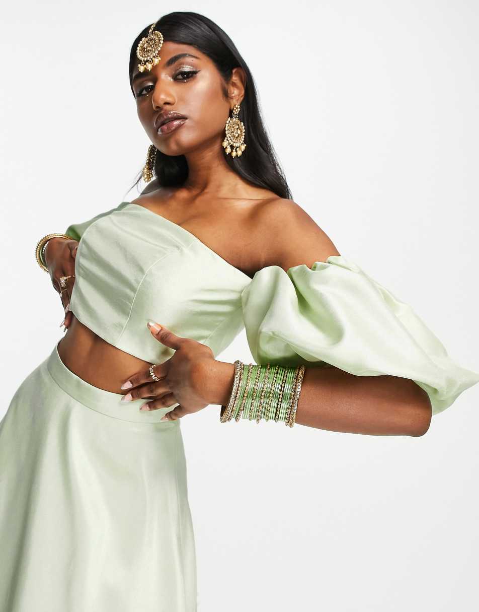 ASOS DESIGN satin lehenga top co-ord in sage green