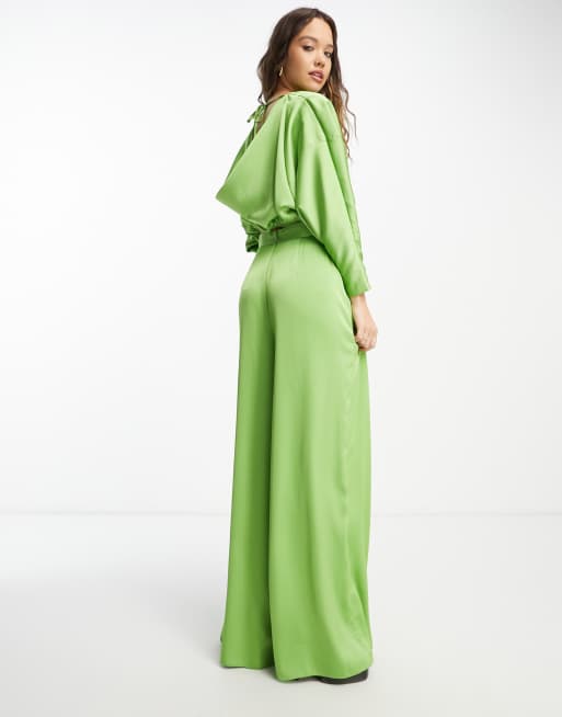 ASOS DESIGN satin long sleeve batwing blouse co-ord in green , 3 of 4