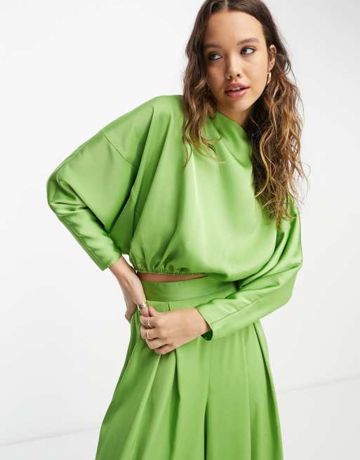 Asos Design Satin Long Sleeve Batwing Blouse In Green Part Of A Set