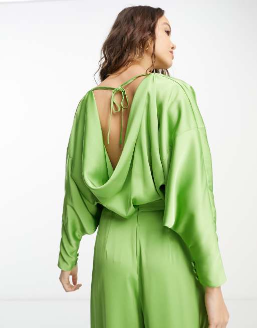 ASOS DESIGN satin long sleeve batwing blouse in green - part of a set , 4 of 4