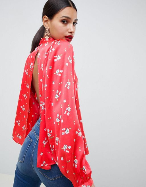 ASOS Long Sleeve Satin Blouse With High Neck And Open Back in