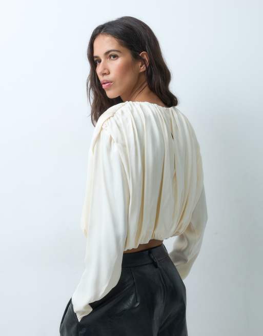 ASOS DESIGN satin long sleeve bubble top in ivory, 2 of 5