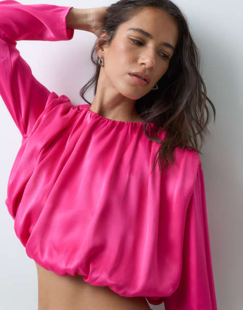 ASOS DESIGN satin long sleeve bubble top in raspberry - view 1