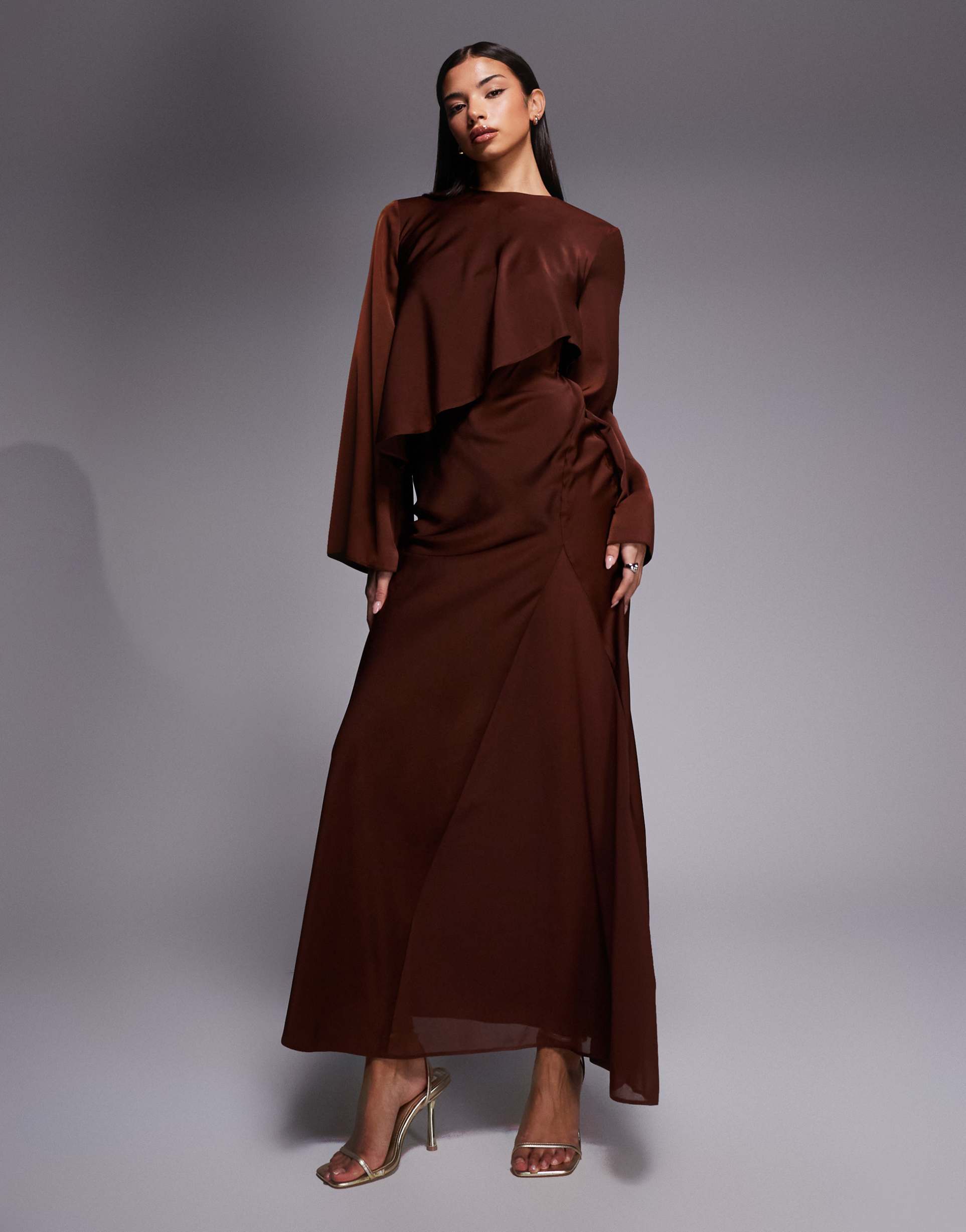 asos design satin long sleeve cape detail maxi dress in chocolate