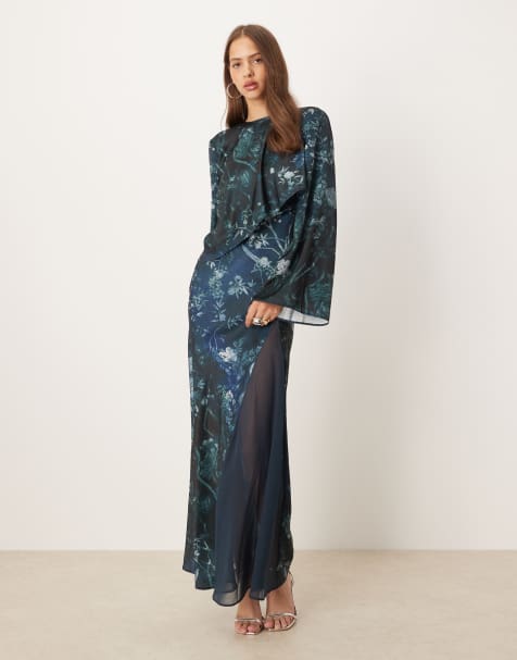 ASOS DESIGN satin long sleeve cape detail maxi dress in navy floral print - view 1