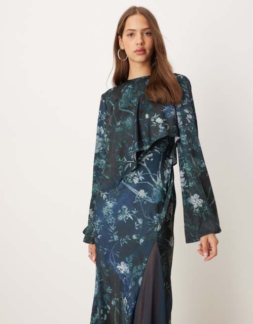ASOS DESIGN satin long sleeve cape detail maxi dress in navy floral print