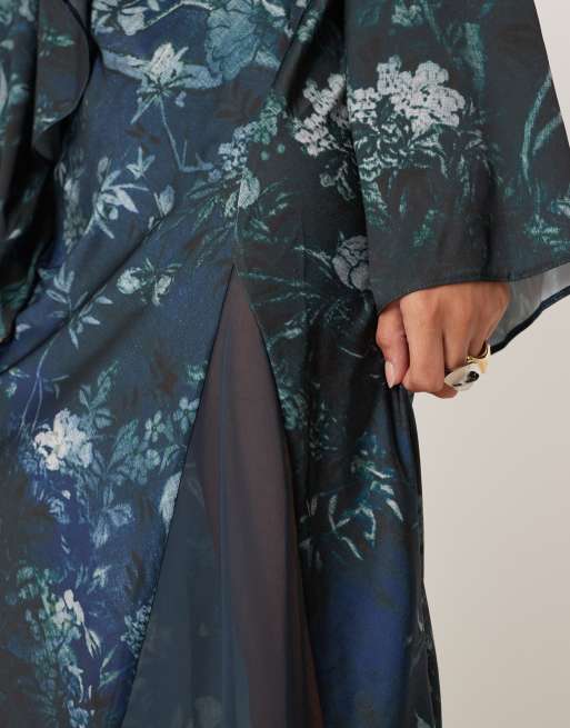 ASOS DESIGN satin long sleeve cape detail maxi dress in navy floral print