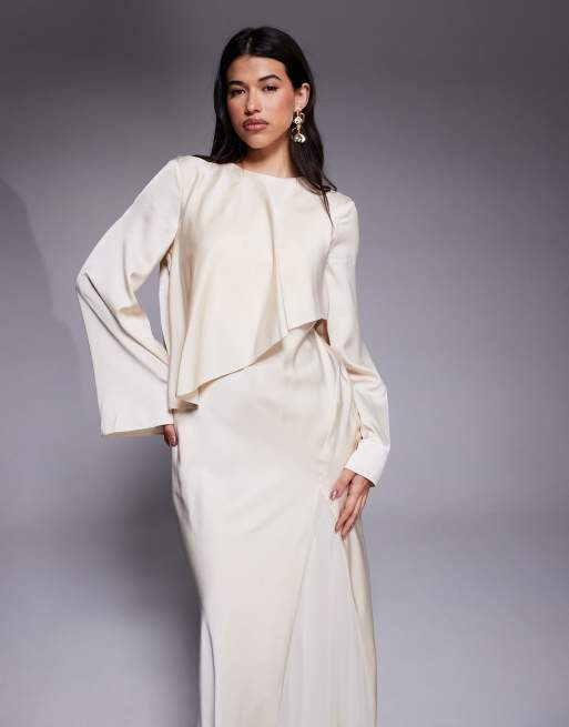 ASOS DESIGN satin long sleeve cape detail maxi dress in oyster