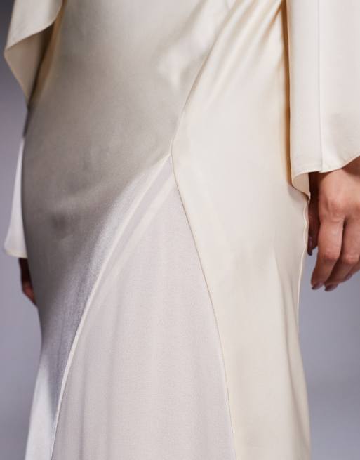 ASOS DESIGN satin long sleeve cape detail maxi dress in oyster