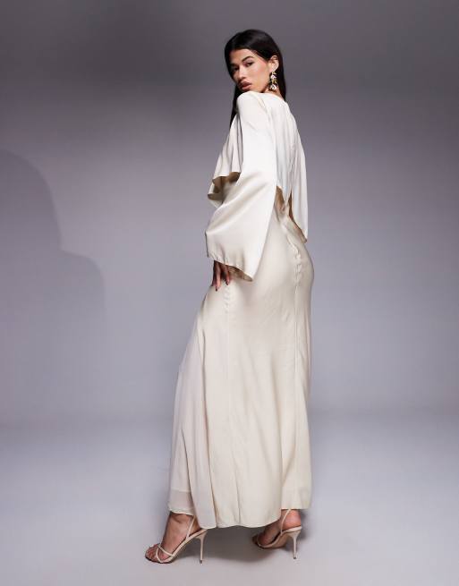 ASOS DESIGN satin long sleeve cape detail maxi dress in oyster