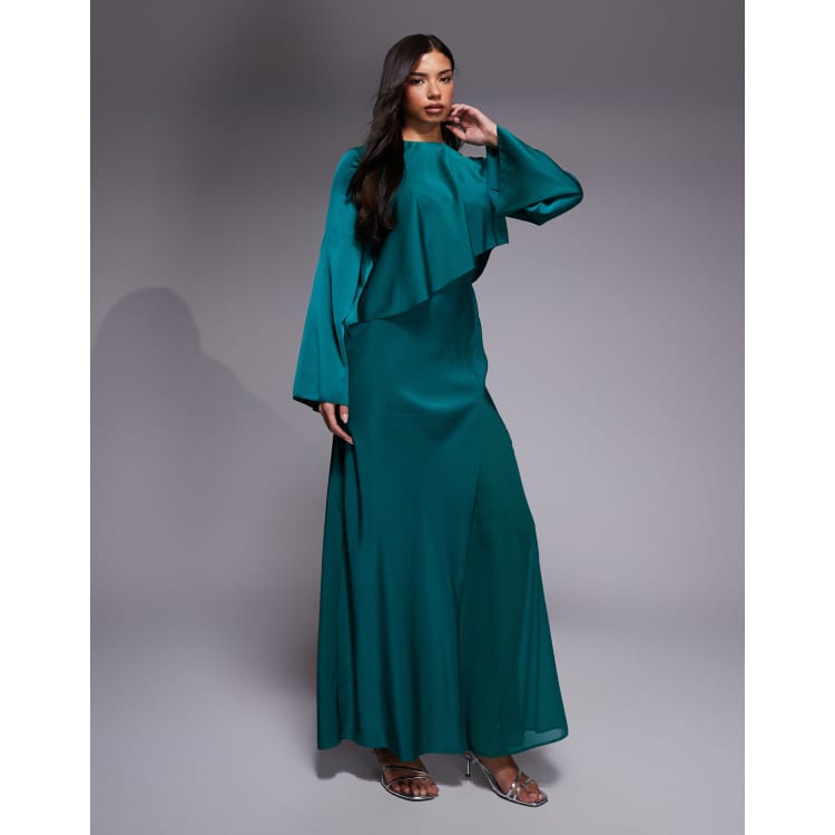 ASOS Design satin long sleeve cape detail maxi dress in teal-Green