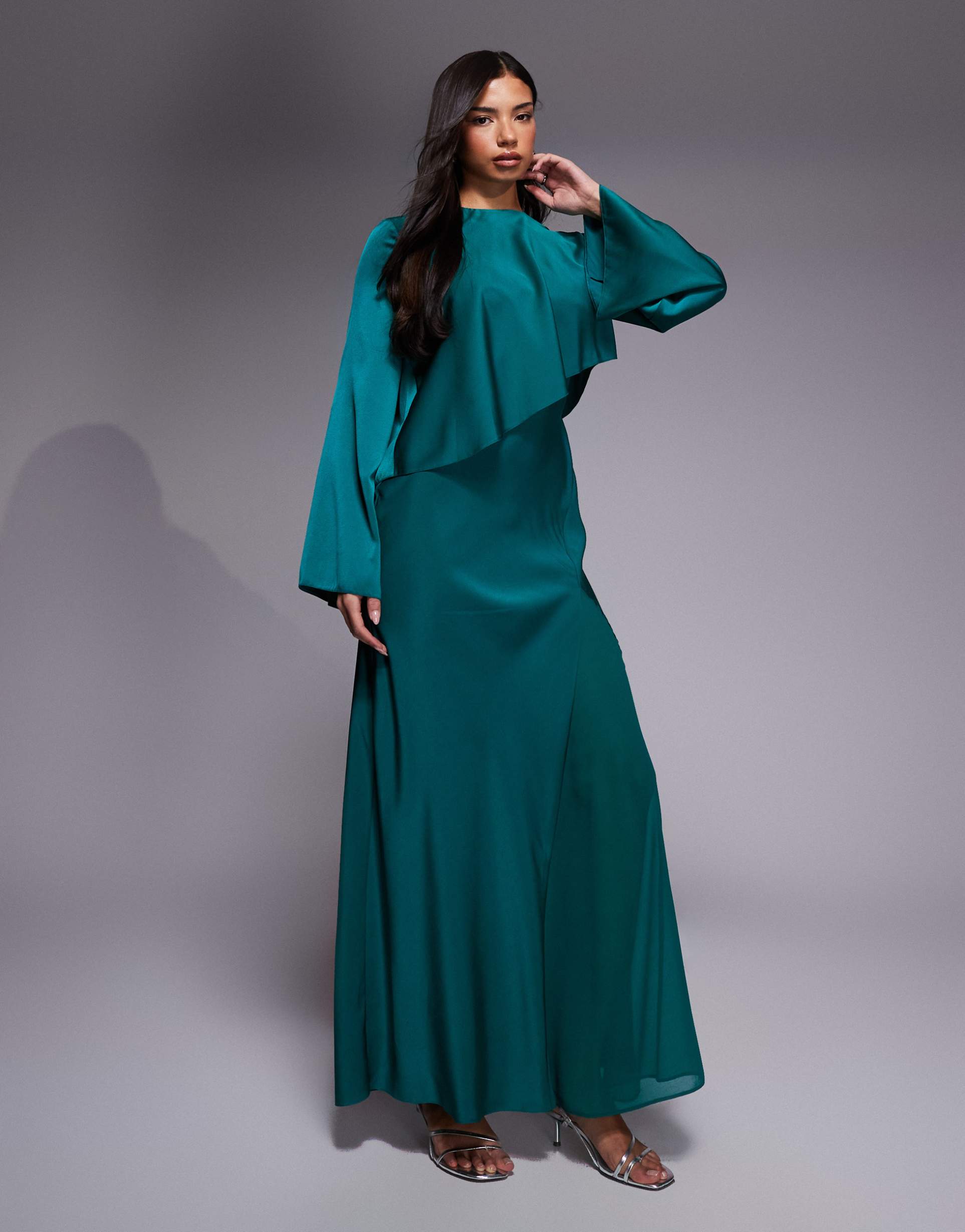 asos design satin long sleeve cape detail maxi dress in teal