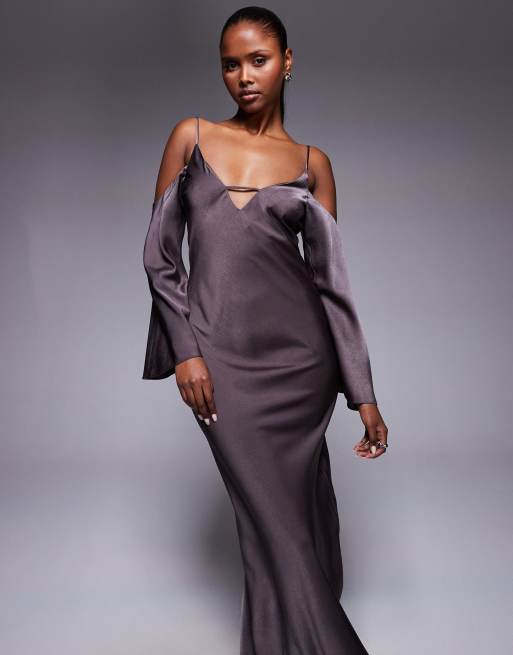 ASOS DESIGN satin long sleeve fallen shoulder cami maxi dress in mocha, 2 of 4
