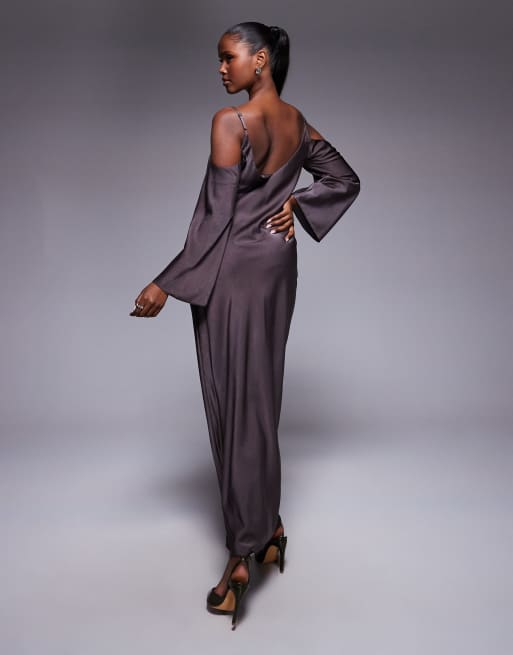 ASOS DESIGN satin long sleeve fallen shoulder cami maxi dress in mocha, 4 of 4
