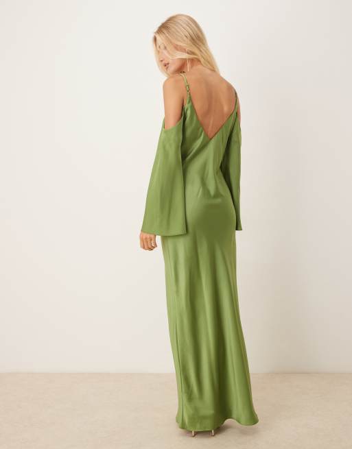 ASOS DESIGN satin long sleeve fallen shoulder cami midi dress in green