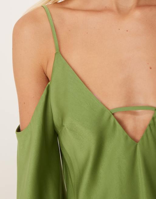 ASOS DESIGN satin long sleeve fallen shoulder cami midi dress in green