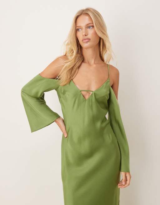 ASOS DESIGN satin long sleeve fallen shoulder cami midi dress in green