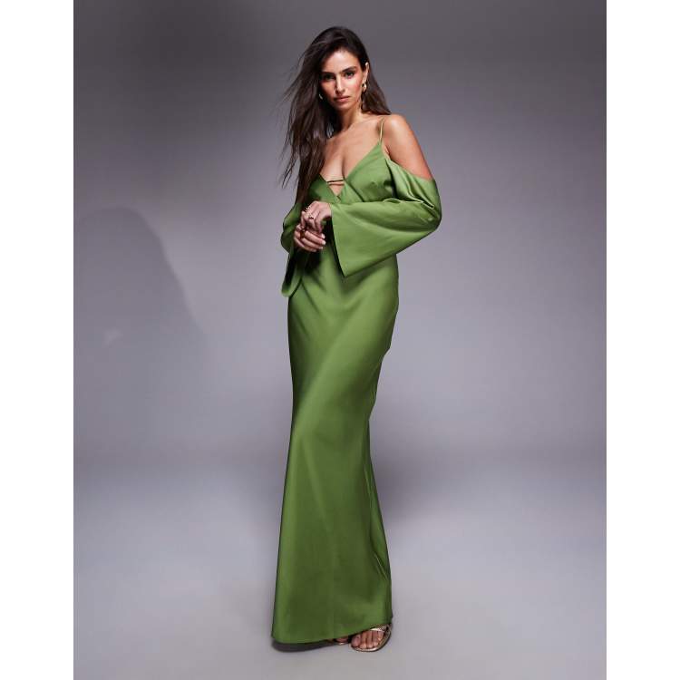 ASOS DESIGN satin long sleeve fallen shoulder cami midi dress in green |  ASOS