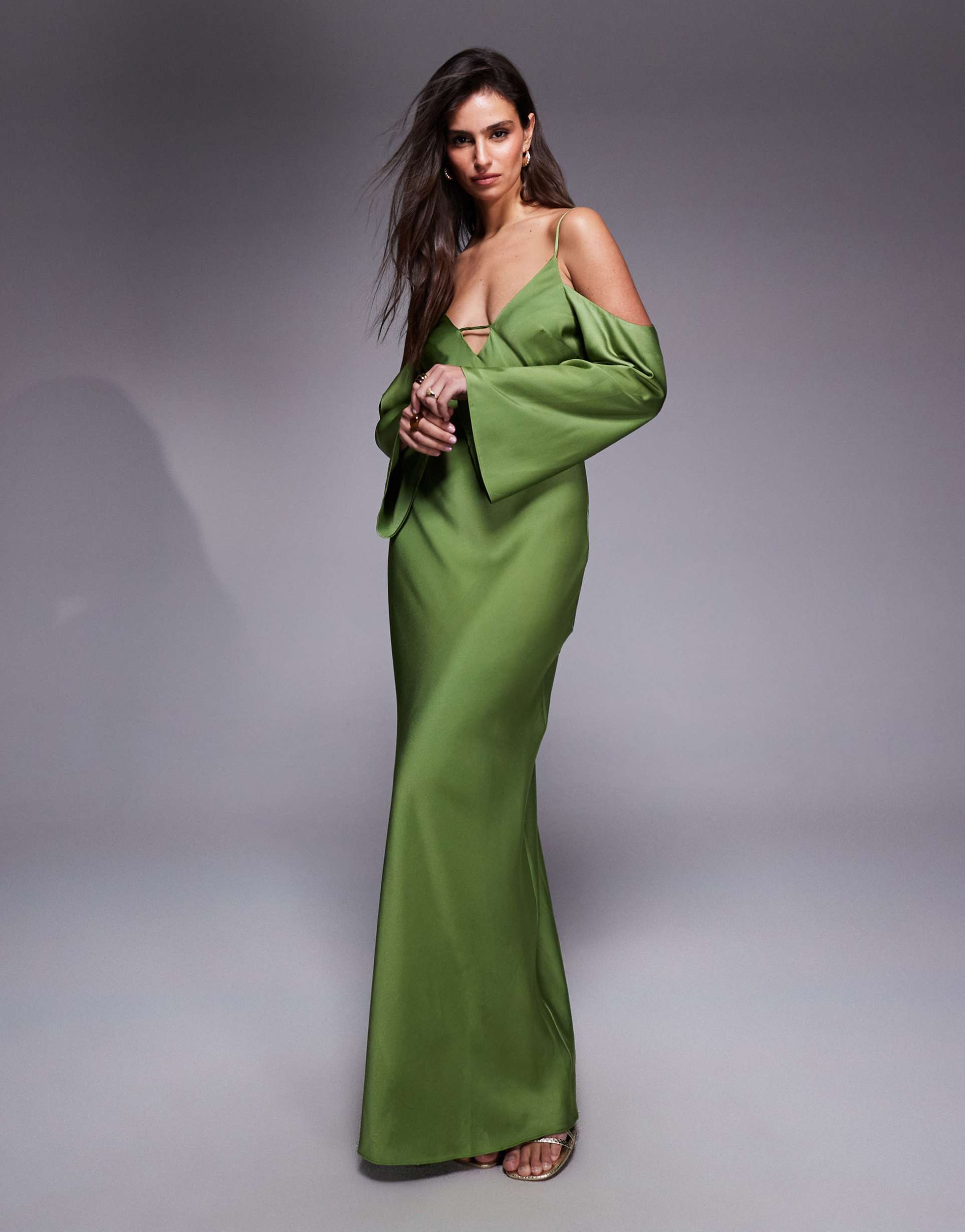 asos design satin long sleeve fallen shoulder cami midi dress in green
