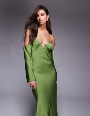 Asos Design Satin Long Sleeve Fallen Shoulder Cami Midi Dress In Green