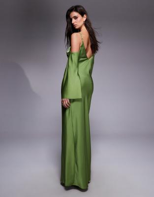 Zara Green Satin Dress ASOS DESIGN Satin Long Sleeve Fallen Shoulder Cami  Maxi Dress In Mocha