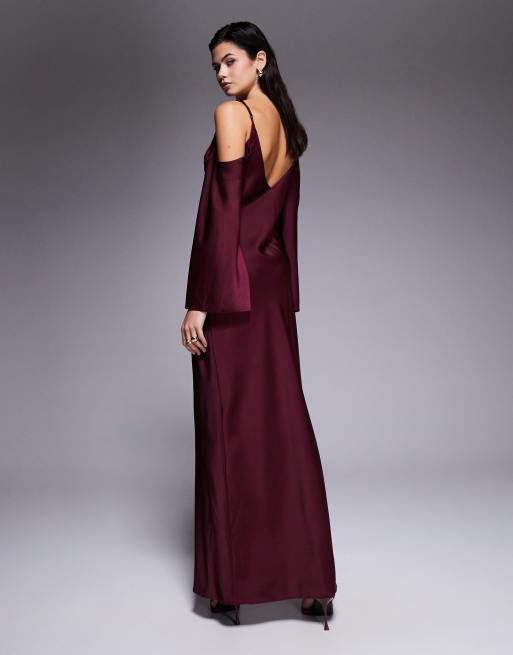 ASOS DESIGN satin long sleeve fallen shoulder cami midi dress in plum, 2 of 4