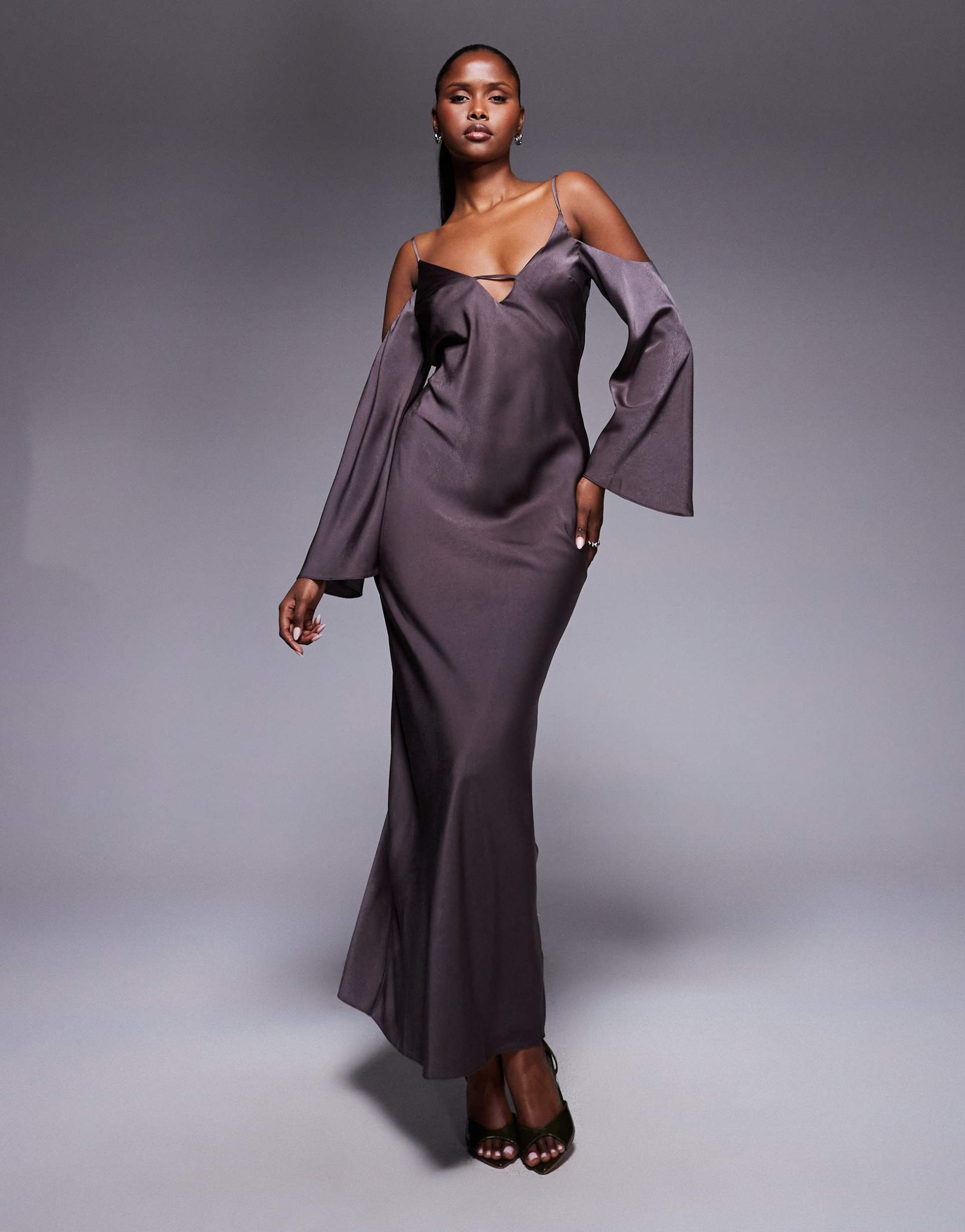 asos design satin long sleeve fallen shoulders cami maxi dress in mocha