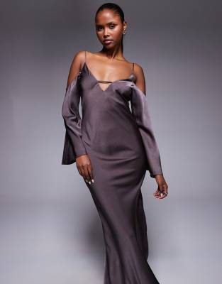 Asos Design Satin Long Sleeve Fallen Shoulders Cami Maxi Dress In Animal Print