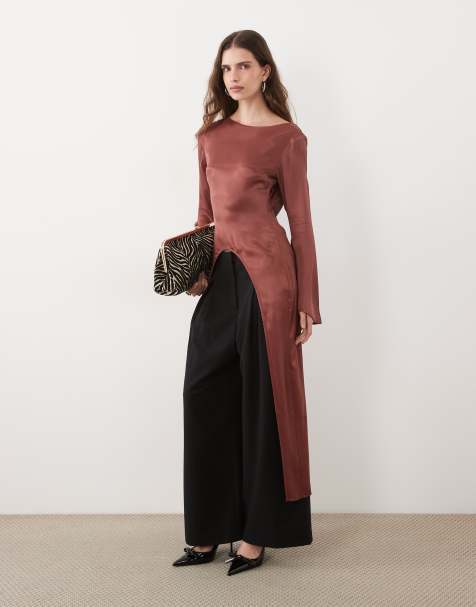 ASOS DESIGN satin long sleeve high low top in chocolate - view 1