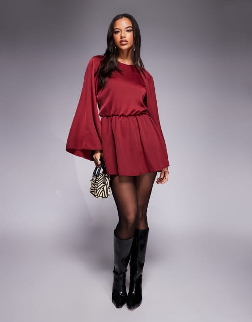 ASOS DESIGN satin long sleeve high neck romper in berry