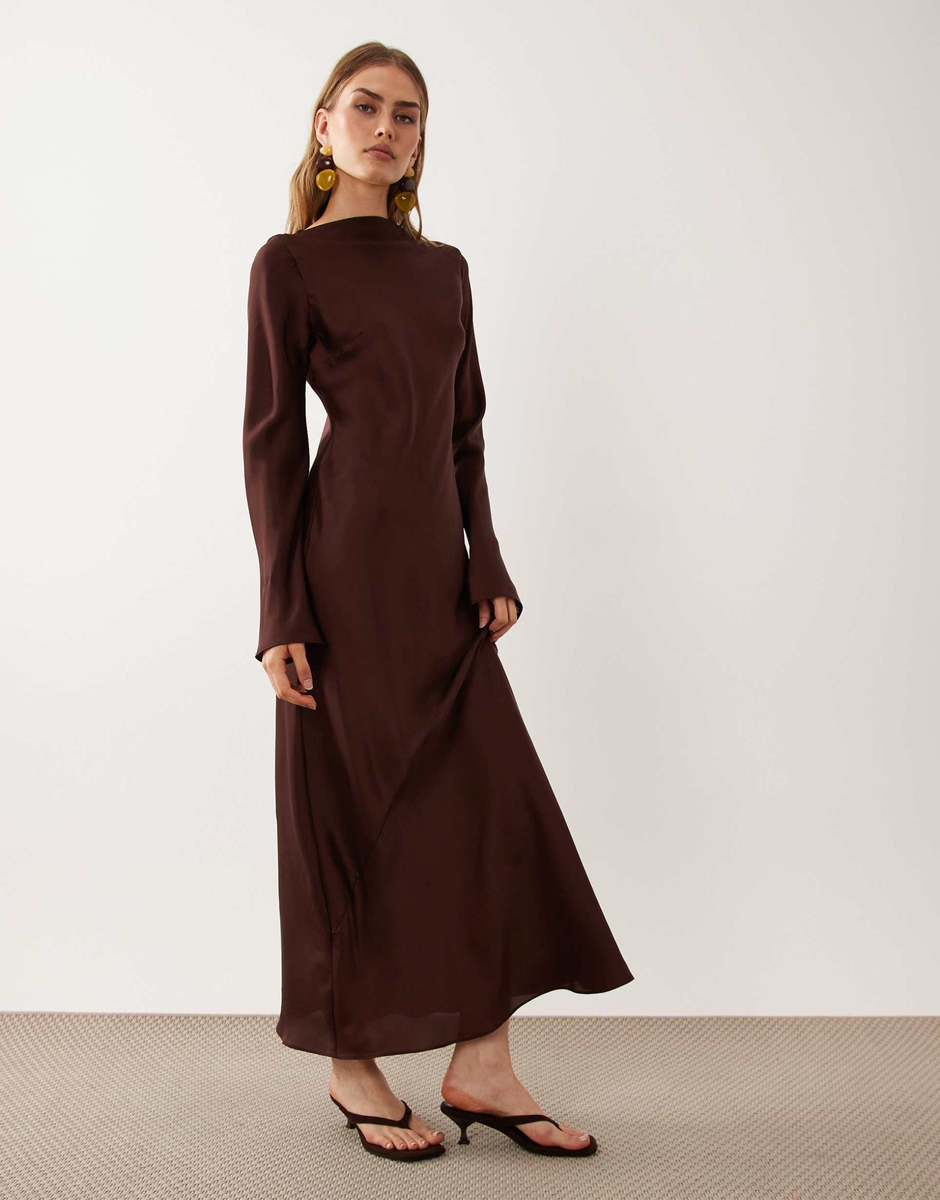 asos design satin long sleeve maxi dress in chocolate