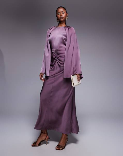 ASOS DESIGN satin long sleeve maxi dress with central ruched skirt in grape - view 1