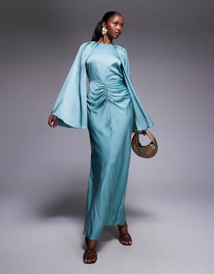 Asos Design Satin Long Sleeve Maxi Dress With Central Ruched Skirt In Blue
